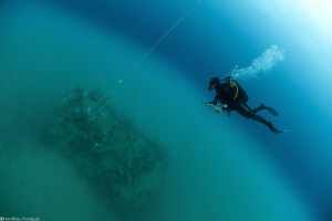 marine biologist over a small artificial reef emerging of... by Mathieu Foulquié 